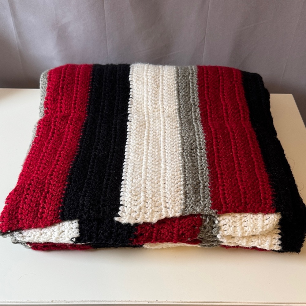 Red, Black, Grey and White Handmade Striped Blanket